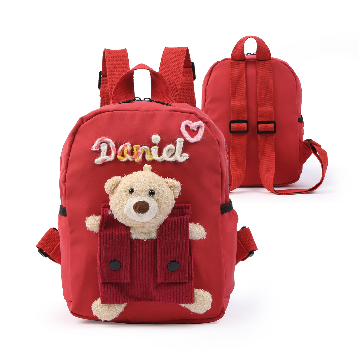 Personalised Kids Backpack with Custom Name & Teddy Bear – Flower & Heart Wool Patches School Bag Gift for Kids | Jessemade