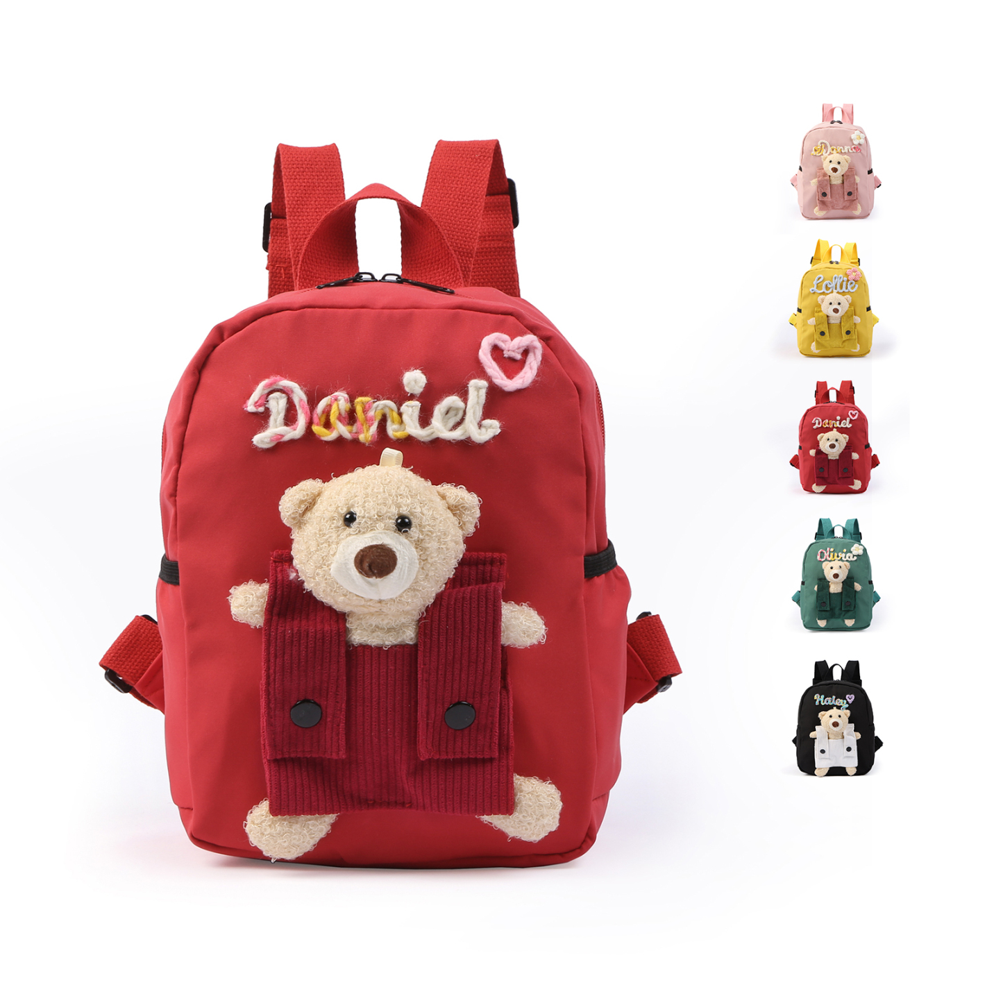 Personalised Kids Backpack with Custom Name & Teddy Bear – Flower & Heart Wool Patches School Bag Gift for Kids | Jessemade