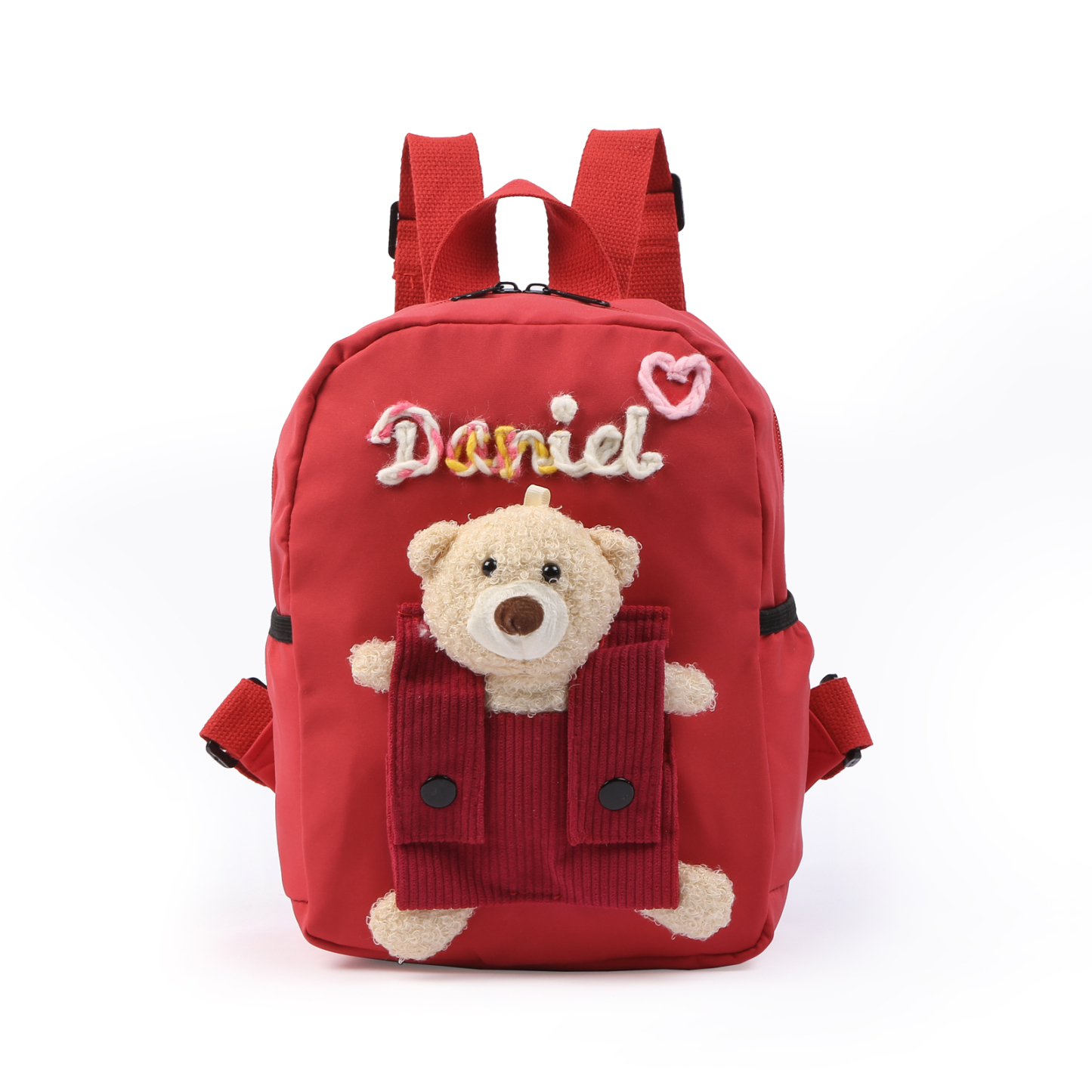 Personalised Kids Backpack with Custom Name & Teddy Bear – Flower & Heart Wool Patches School Bag Gift for Kids | Jessemade