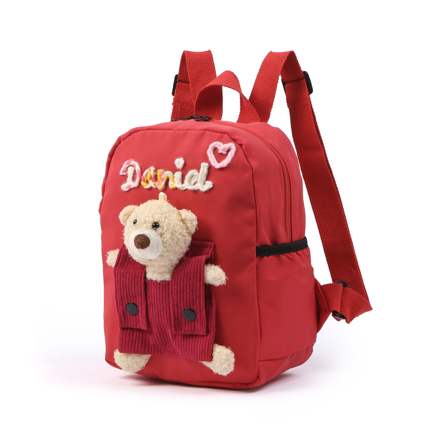 Personalised Kids Backpack with Custom Name & Teddy Bear – Flower & Heart Wool Patches School Bag Gift for Kids | Jessemade