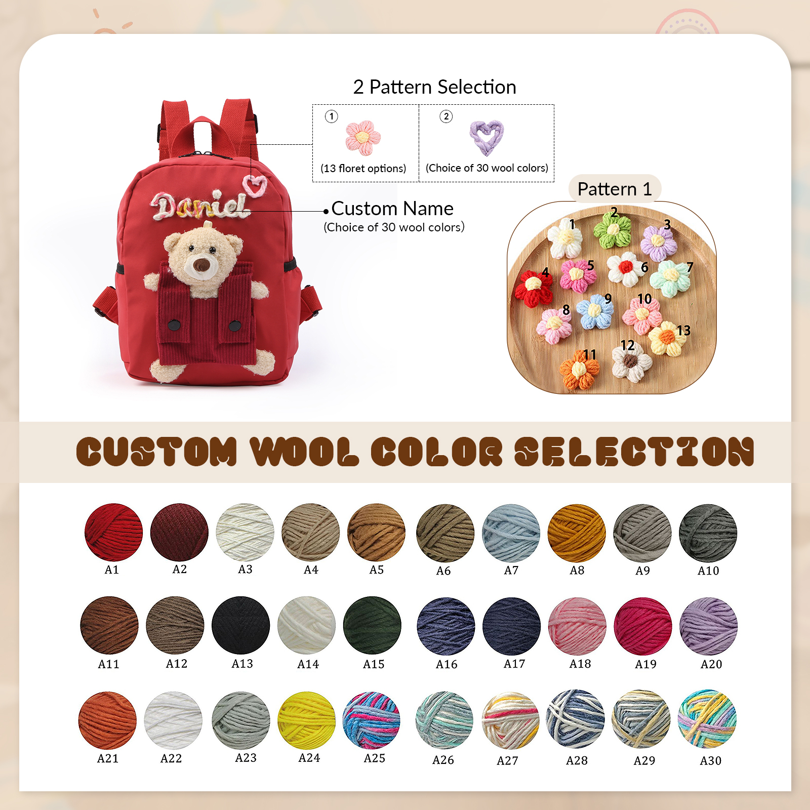 Personalised Kids Backpack with Custom Name & Teddy Bear – Flower & Heart Wool Patches School Bag Gift for Kids | Jessemade