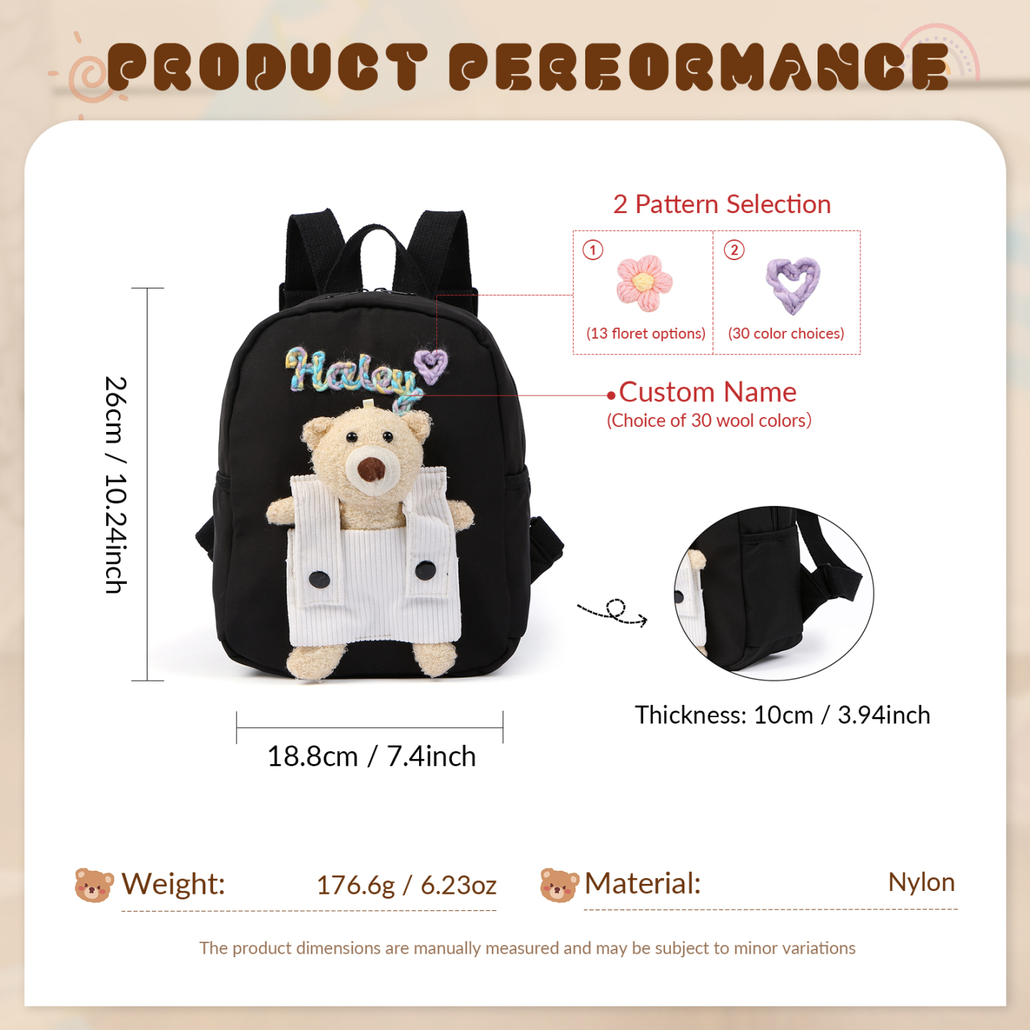 Personalised Kids Backpack with Custom Name & Teddy Bear – Flower & Heart Wool Patches School Bag Gift for Kids | Jessemade