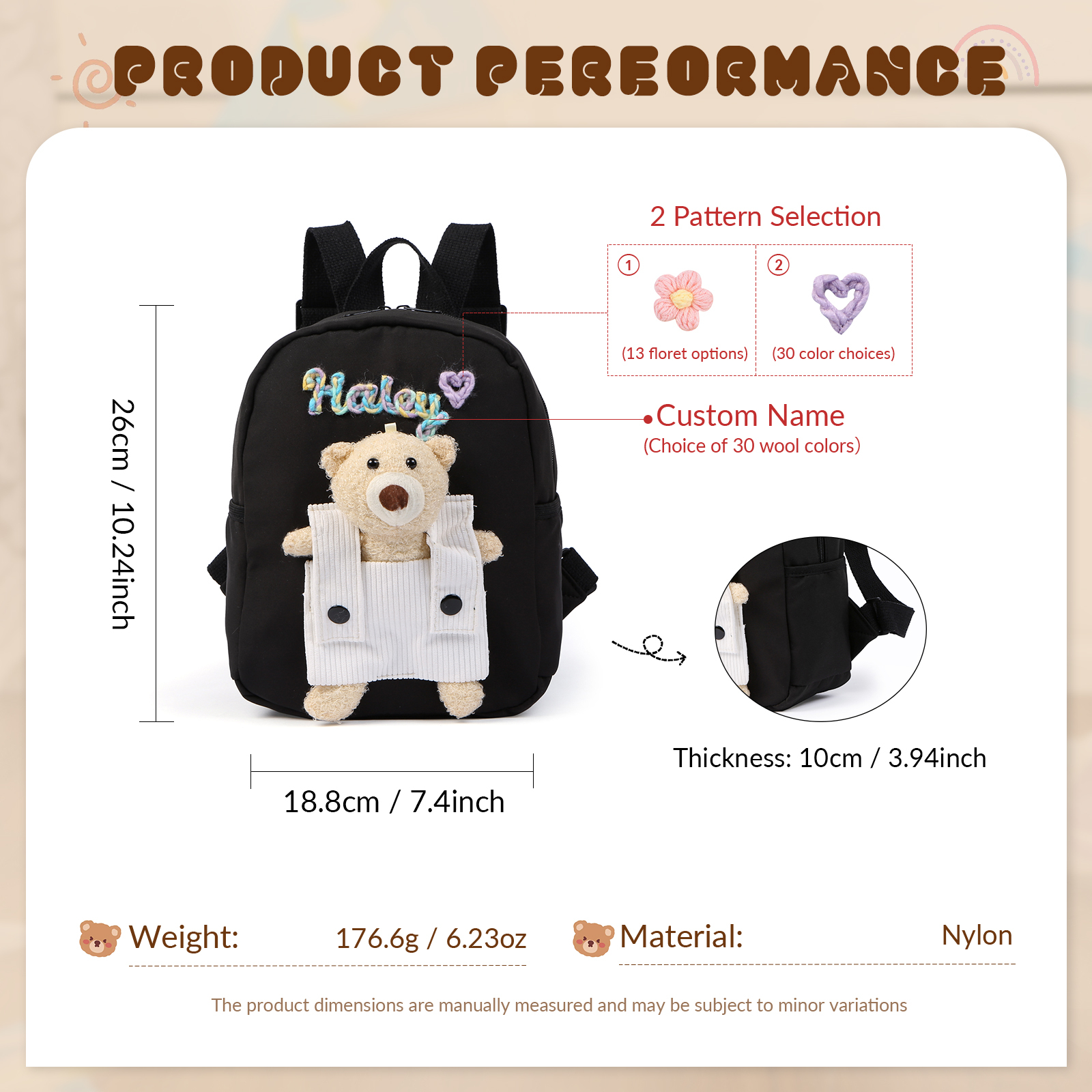 Personalised Kids Backpack with Custom Name & Teddy Bear – Flower & Heart Wool Patches School Bag Gift for Kids | Jessemade