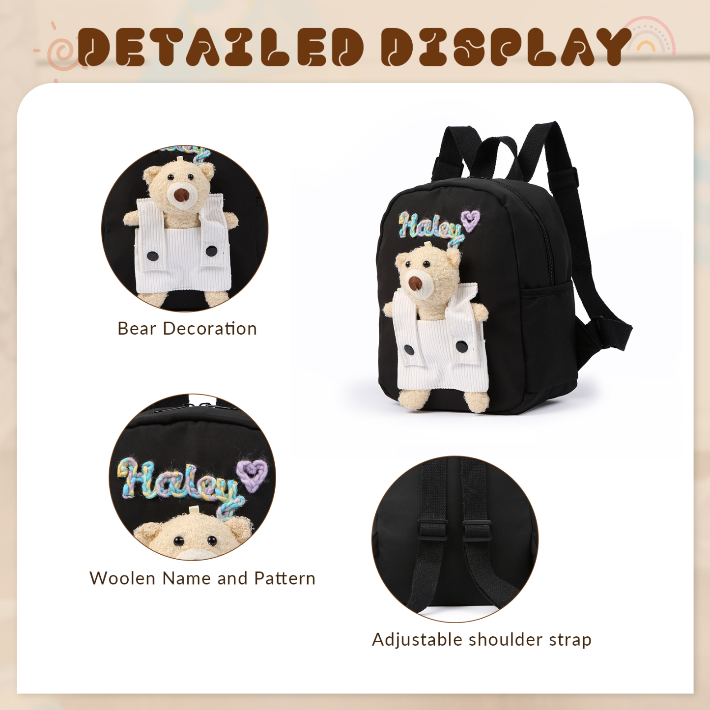 Personalised Kids Backpack with Custom Name & Teddy Bear – Flower & Heart Wool Patches School Bag Gift for Kids | Jessemade