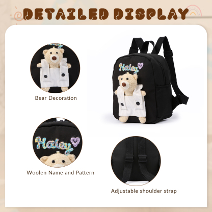 Personalised Kids Backpack with Custom Name & Teddy Bear – Flower & Heart Wool Patches School Bag Gift for Kids | Jessemade