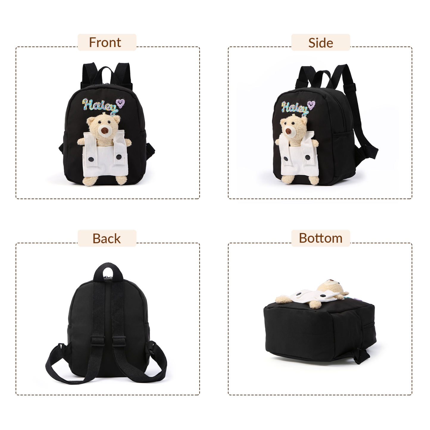 Personalised Kids Backpack with Custom Name & Teddy Bear – Flower & Heart Wool Patches School Bag Gift for Kids | Jessemade