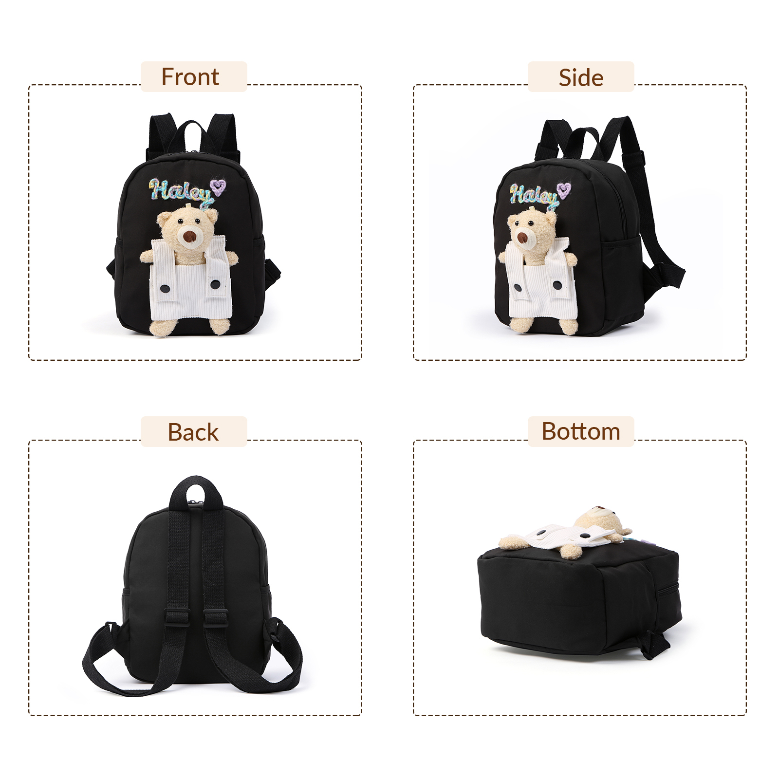 Personalised Kids Backpack with Custom Name & Teddy Bear – Flower & Heart Wool Patches School Bag Gift for Kids | Jessemade