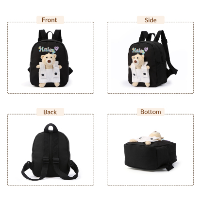 Personalised Kids Backpack with Custom Name & Teddy Bear – Flower & Heart Wool Patches School Bag Gift for Kids | Jessemade