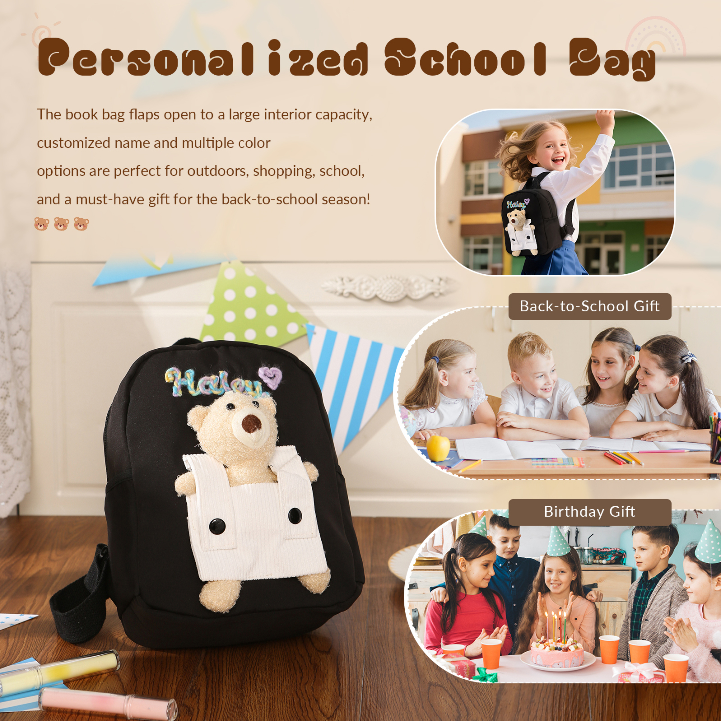 Personalised Kids Backpack with Custom Name & Teddy Bear – Flower & Heart Wool Patches School Bag Gift for Kids | Jessemade