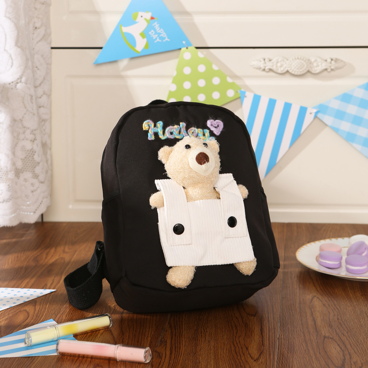Personalised Kids Backpack with Custom Name & Teddy Bear – Flower & Heart Wool Patches School Bag Gift for Kids | Jessemade