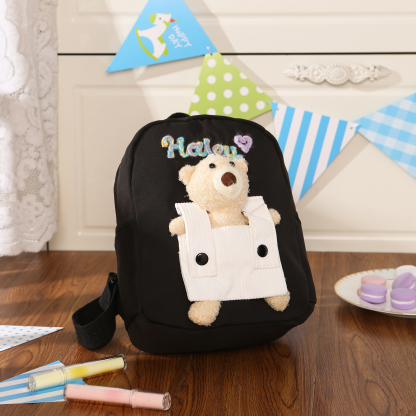 Personalised Kids Backpack with Custom Name & Teddy Bear – Flower & Heart Wool Patches School Bag Gift for Kids | Jessemade