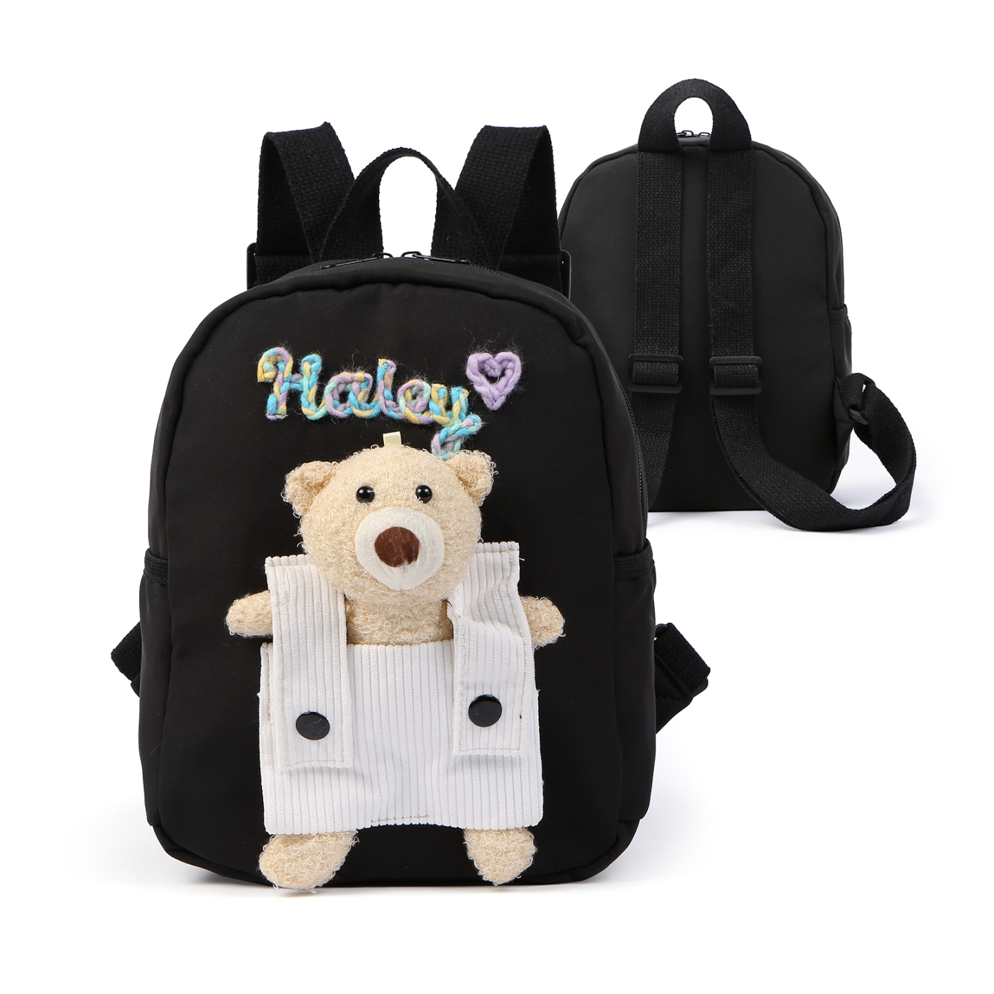 Personalised Kids Backpack with Custom Name & Teddy Bear – Flower & Heart Wool Patches School Bag Gift for Kids | Jessemade