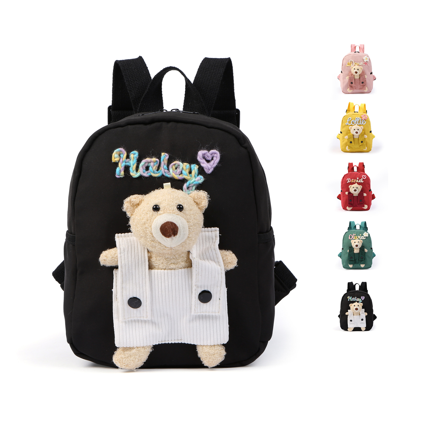Personalised Kids Backpack with Custom Name & Teddy Bear – Flower & Heart Wool Patches School Bag Gift for Kids | Jessemade