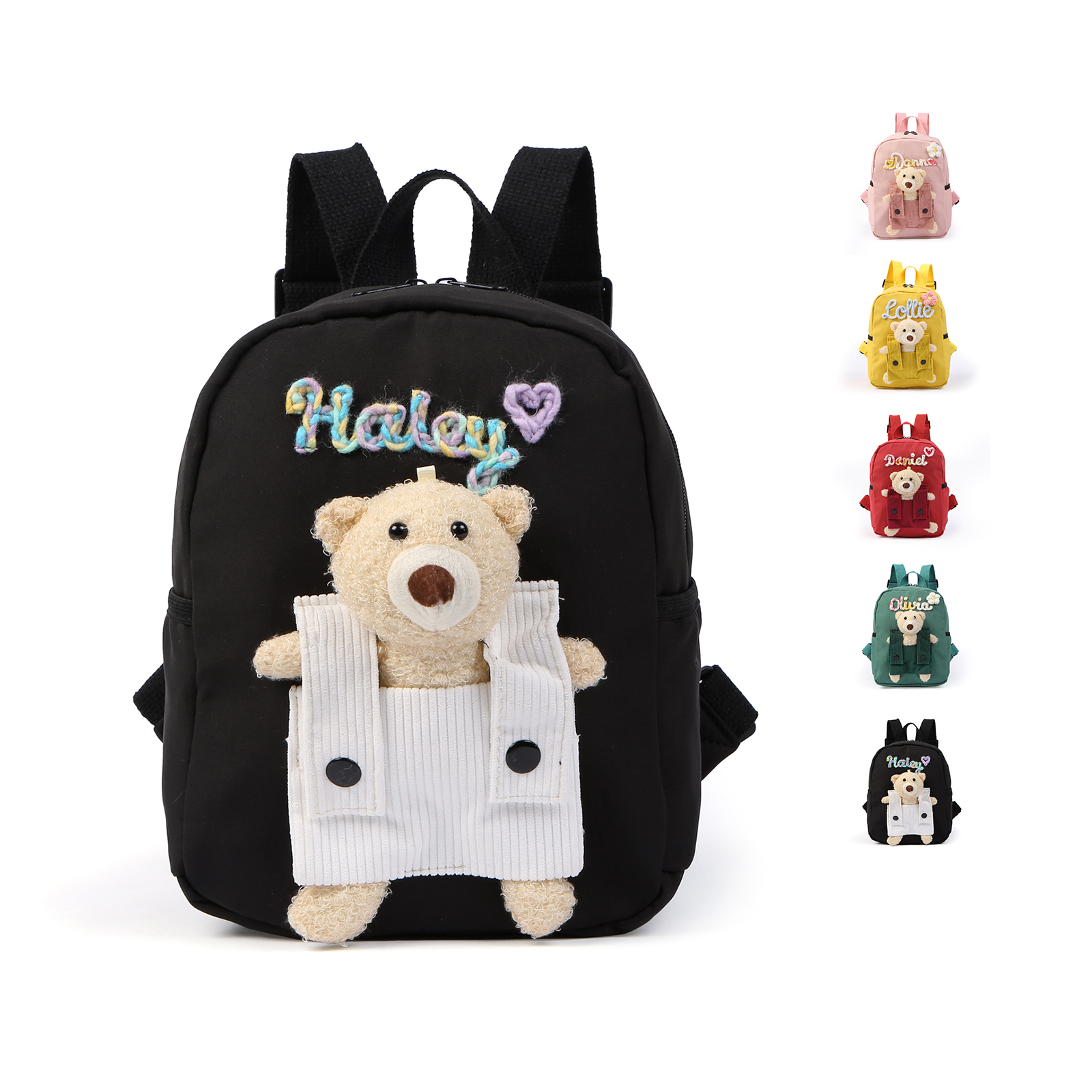 Personalised Kids Backpack with Custom Name & Teddy Bear – Flower & Heart Wool Patches School Bag Gift for Kids | Jessemade