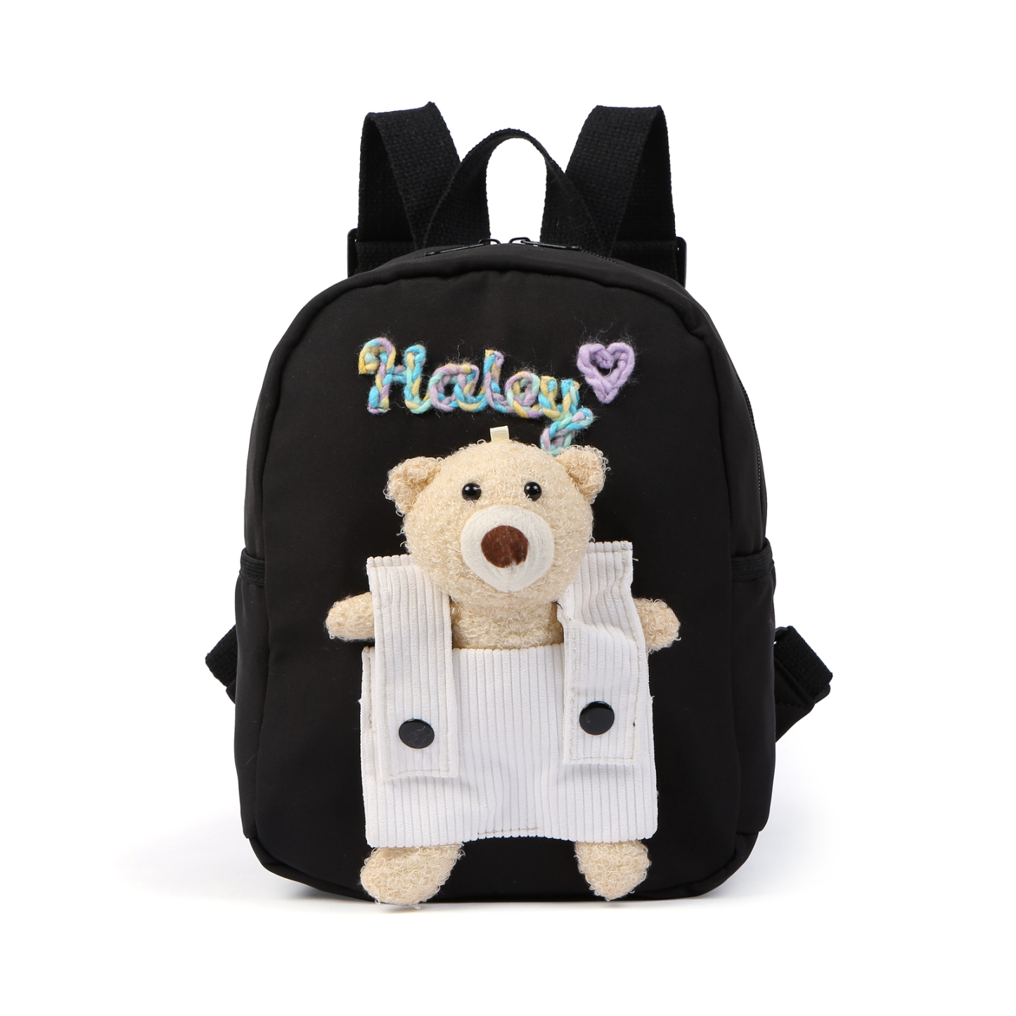 Personalised Kids Backpack with Custom Name & Teddy Bear – Flower & Heart Wool Patches School Bag Gift for Kids | Jessemade