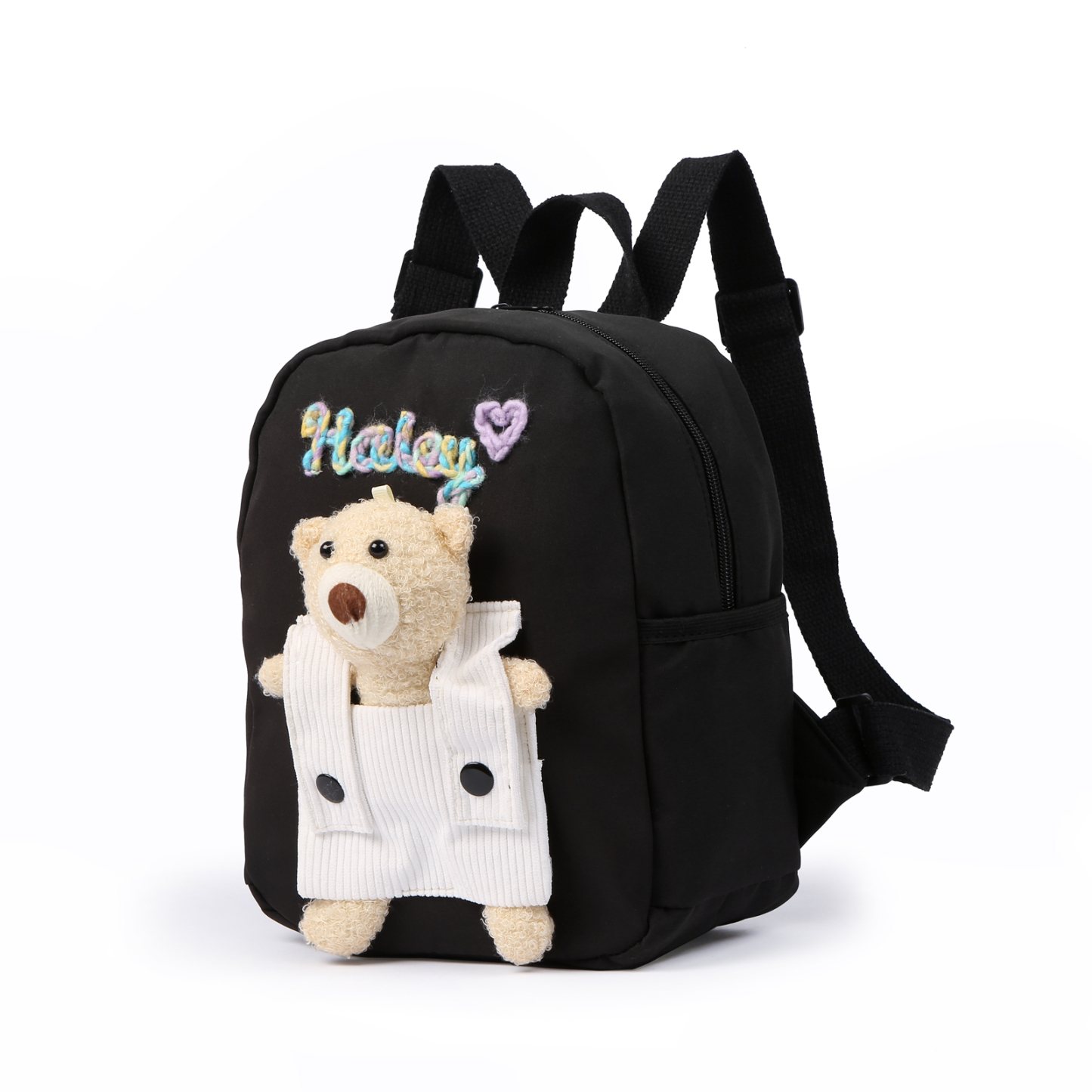 Personalised Kids Backpack with Custom Name & Teddy Bear – Flower & Heart Wool Patches School Bag Gift for Kids | Jessemade