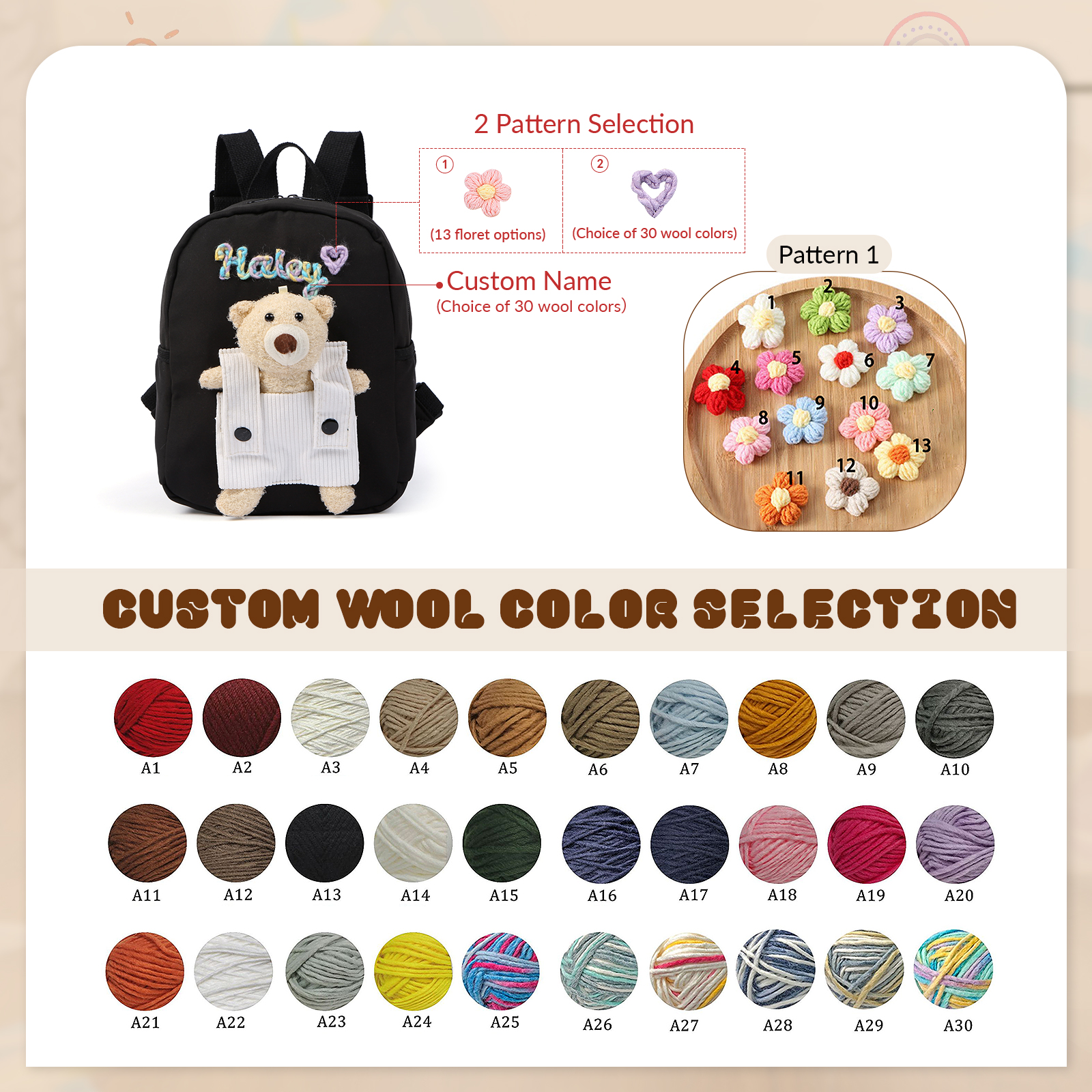 Personalised Kids Backpack with Custom Name & Teddy Bear – Flower & Heart Wool Patches School Bag Gift for Kids | Jessemade