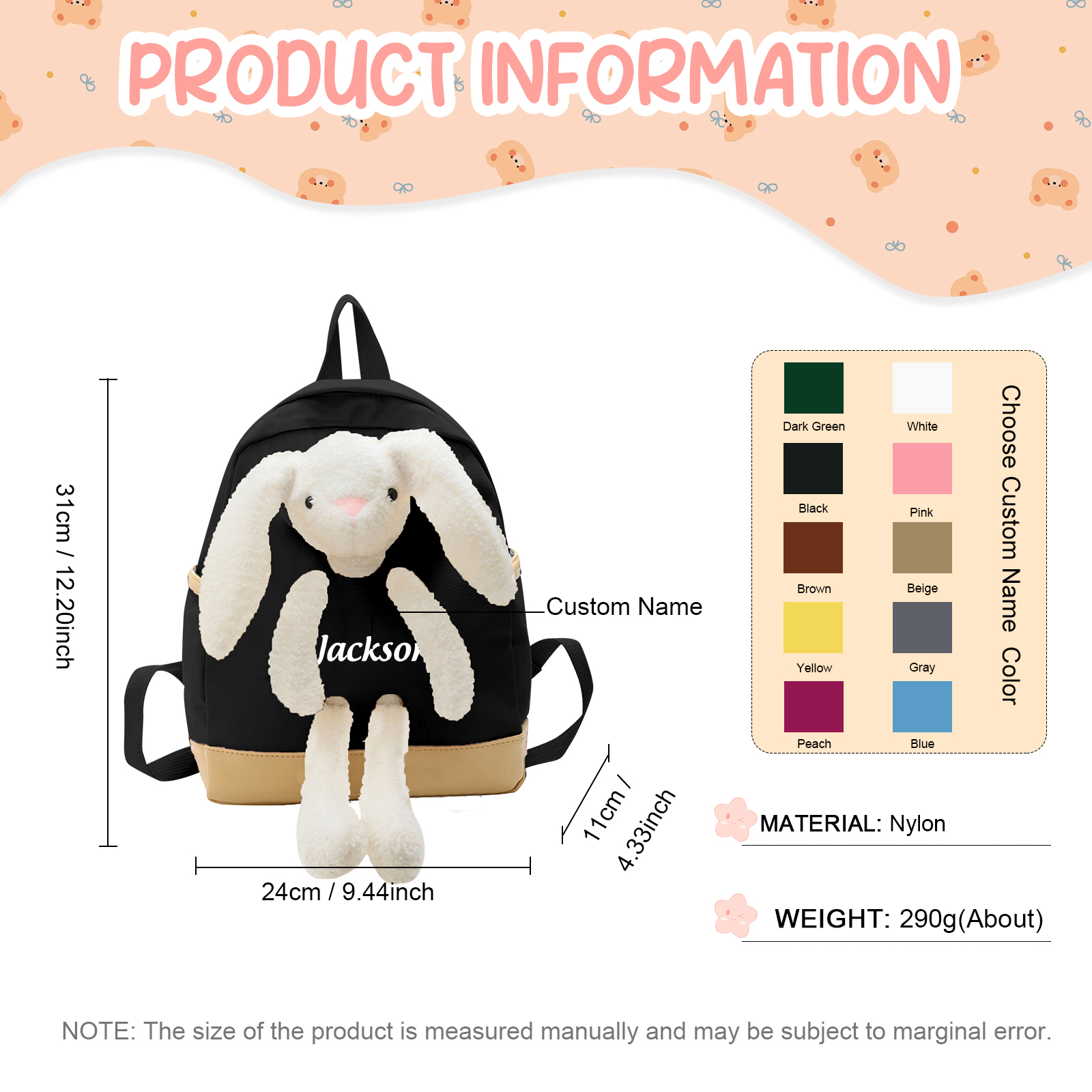 Personalised Children’s Backpack with Plush Bunny – Custom Name Kids’ Rucksack School Bag – Back to School Gift | Jessemade