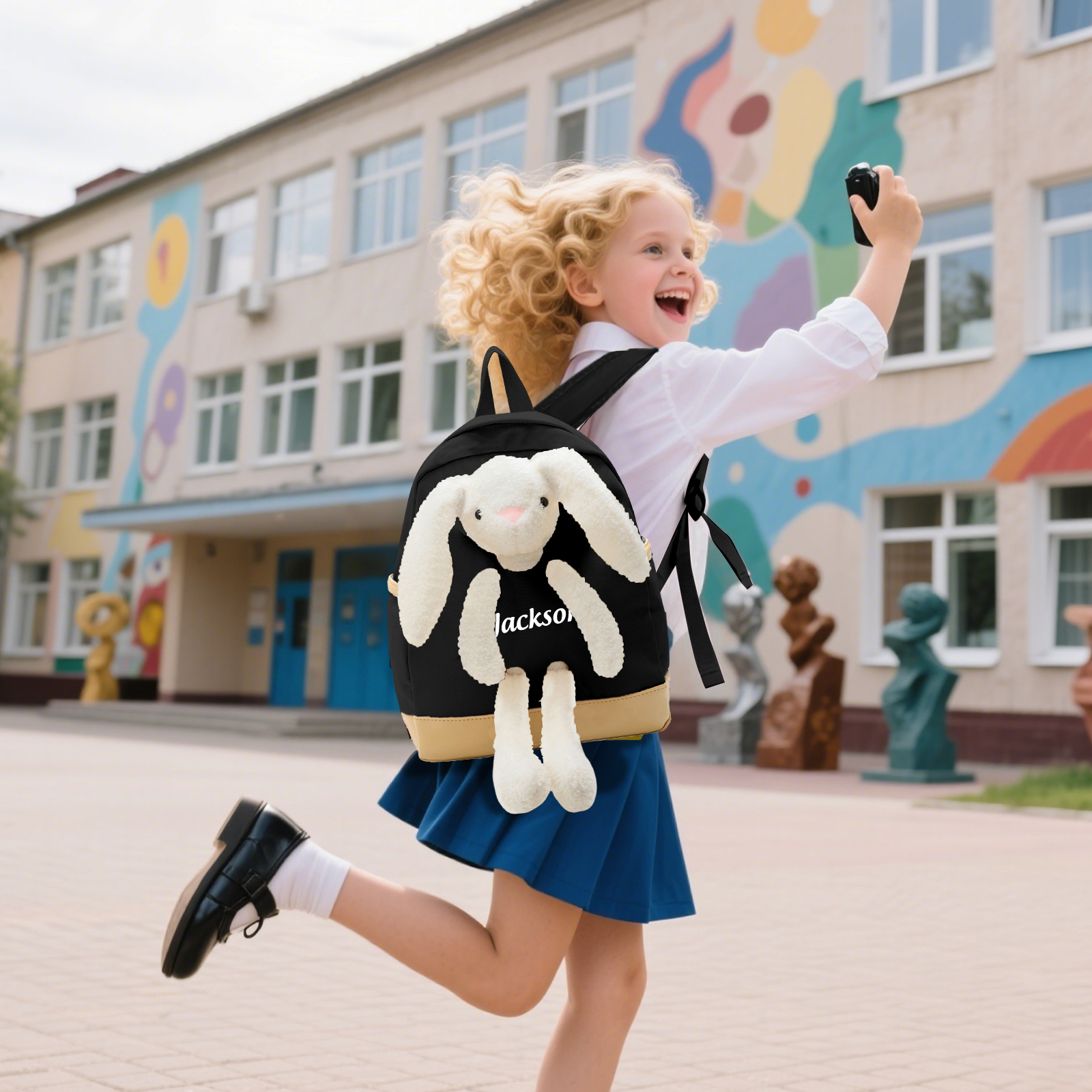 Personalised Children’s Backpack with Plush Bunny – Custom Name Kids’ Rucksack School Bag – Back to School Gift | Jessemade