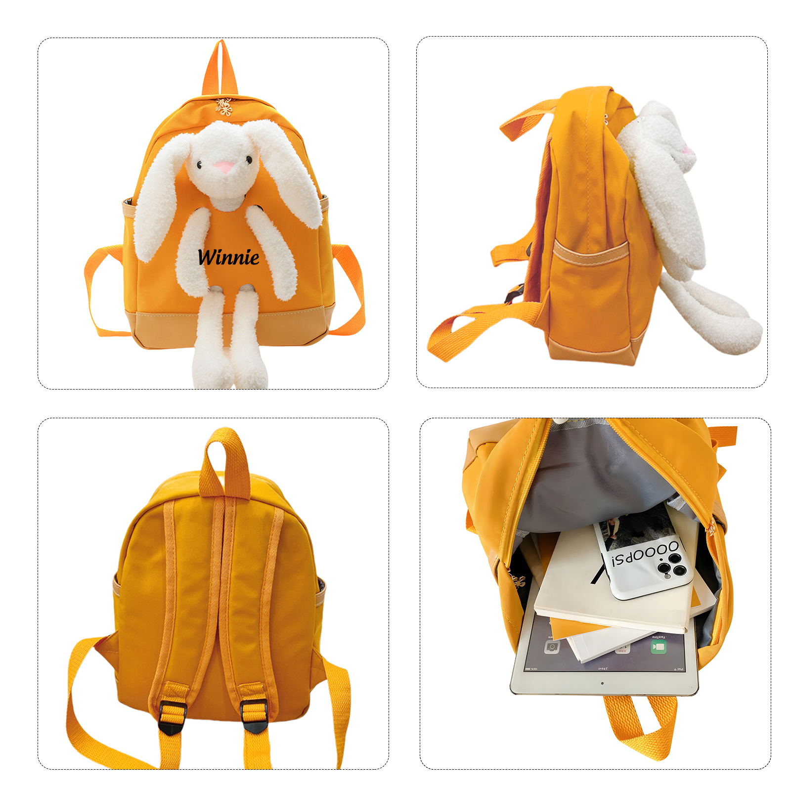 Personalised Children’s Backpack with Plush Bunny – Custom Name Kids’ Rucksack School Bag – Back to School Gift | Jessemade