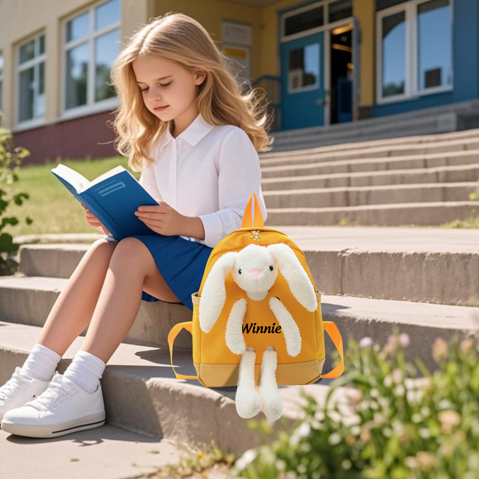 Personalised Children’s Backpack with Plush Bunny – Custom Name Kids’ Rucksack School Bag – Back to School Gift | Jessemade