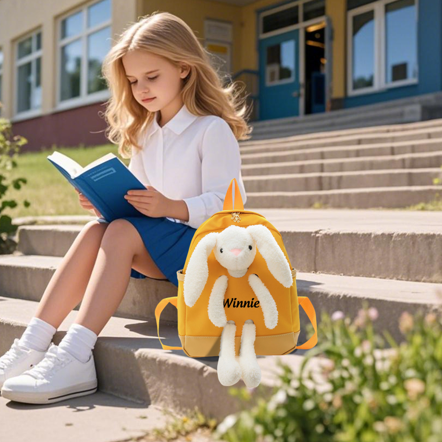 Personalised Children’s Backpack with Plush Bunny – Custom Name Kids’ Rucksack School Bag – Back to School Gift | Jessemade