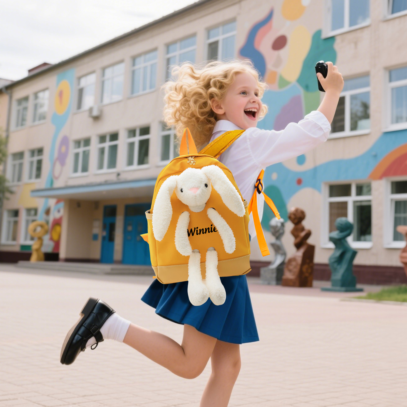 Personalised Children’s Backpack with Plush Bunny – Custom Name Kids’ Rucksack School Bag – Back to School Gift | Jessemade