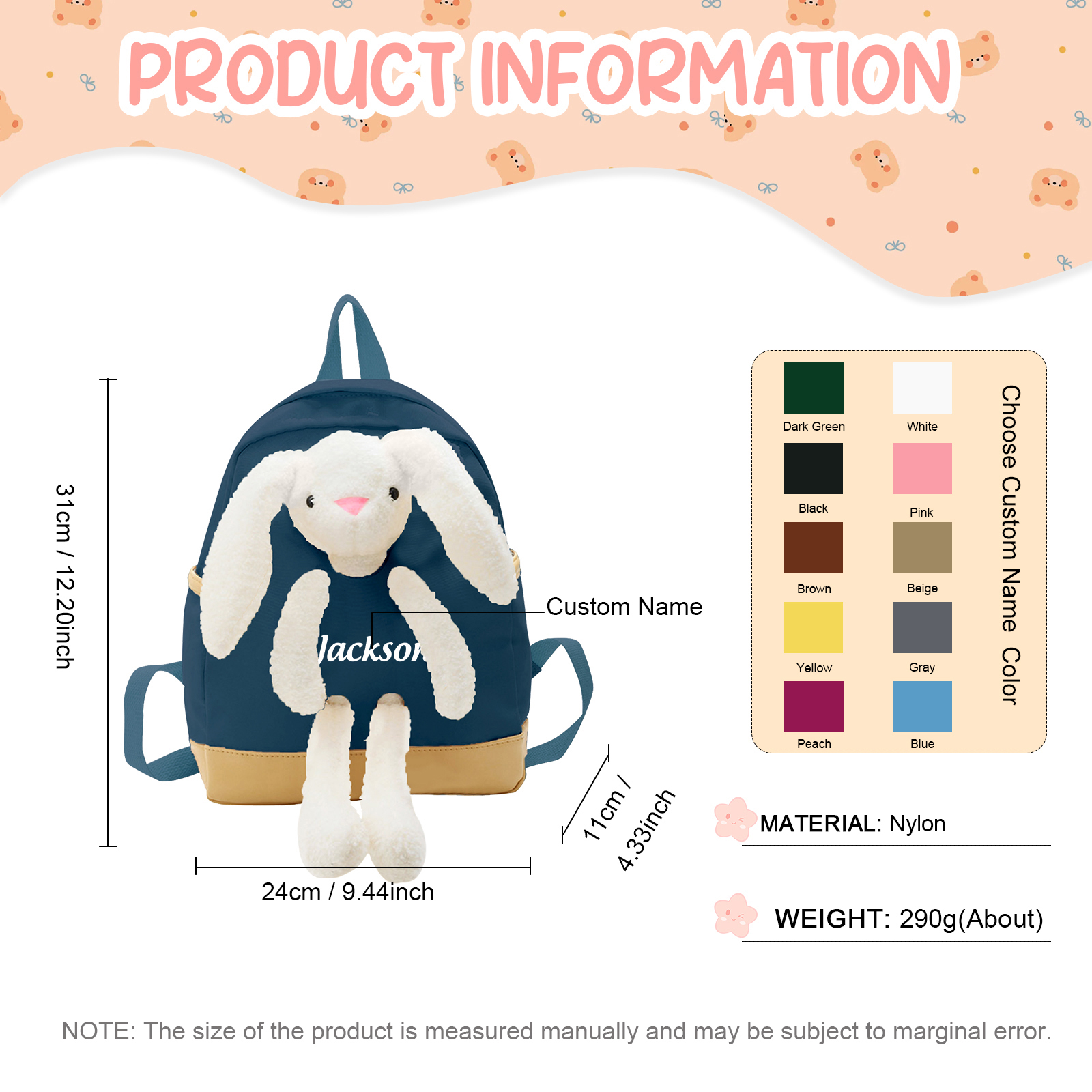 Personalised Children’s Backpack with Plush Bunny – Custom Name Kids’ Rucksack School Bag – Back to School Gift | Jessemade