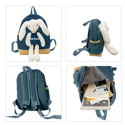 Personalised Children’s Backpack with Plush Bunny – Custom Name Kids’ Rucksack School Bag – Back to School Gift | Jessemade