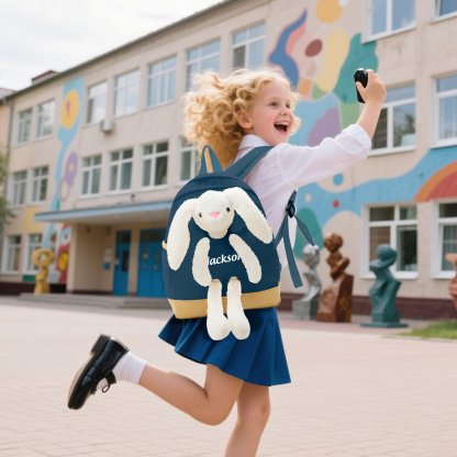 Personalised Children’s Backpack with Plush Bunny – Custom Name Kids’ Rucksack School Bag – Back to School Gift | Jessemade