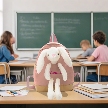Personalised Children’s Backpack with Plush Bunny – Custom Name Kids’ Rucksack School Bag – Back to School Gift | Jessemade