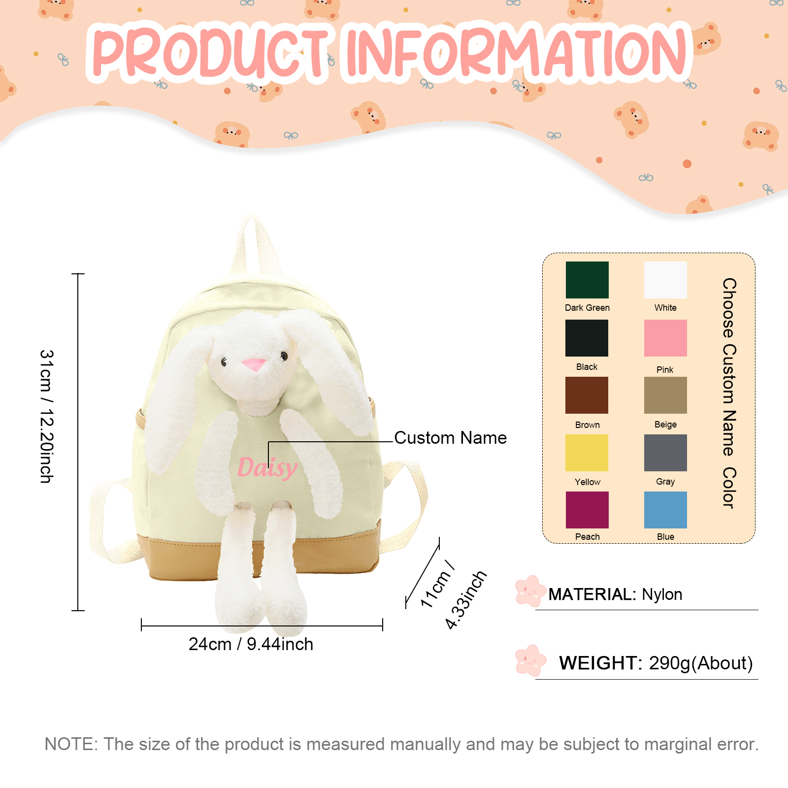 Personalised Children’s Backpack with Plush Bunny – Custom Name Kids’ Rucksack School Bag – Back to School Gift | Jessemade