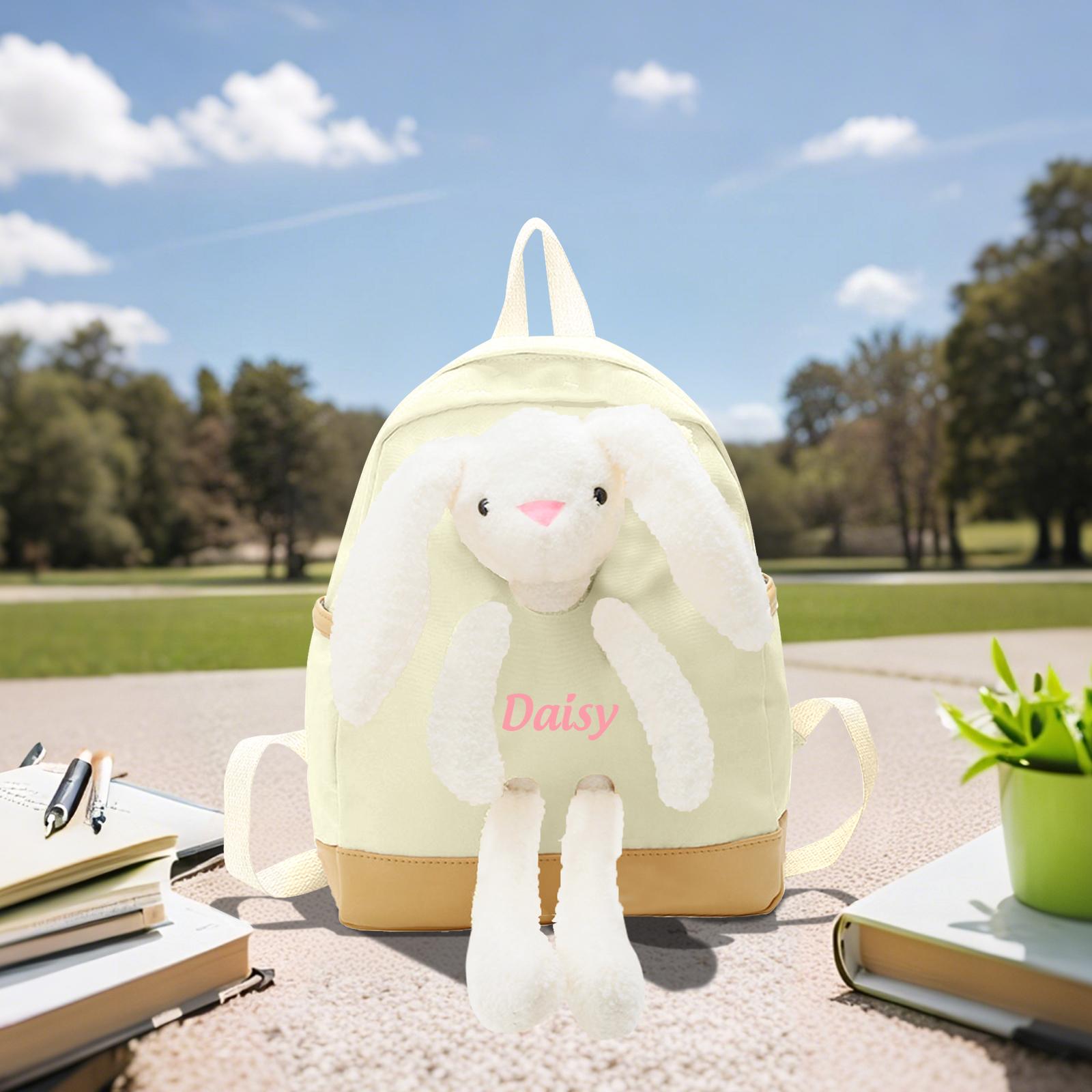 Personalised Children’s Backpack with Plush Bunny – Custom Name Kids’ Rucksack School Bag – Back to School Gift | Jessemade