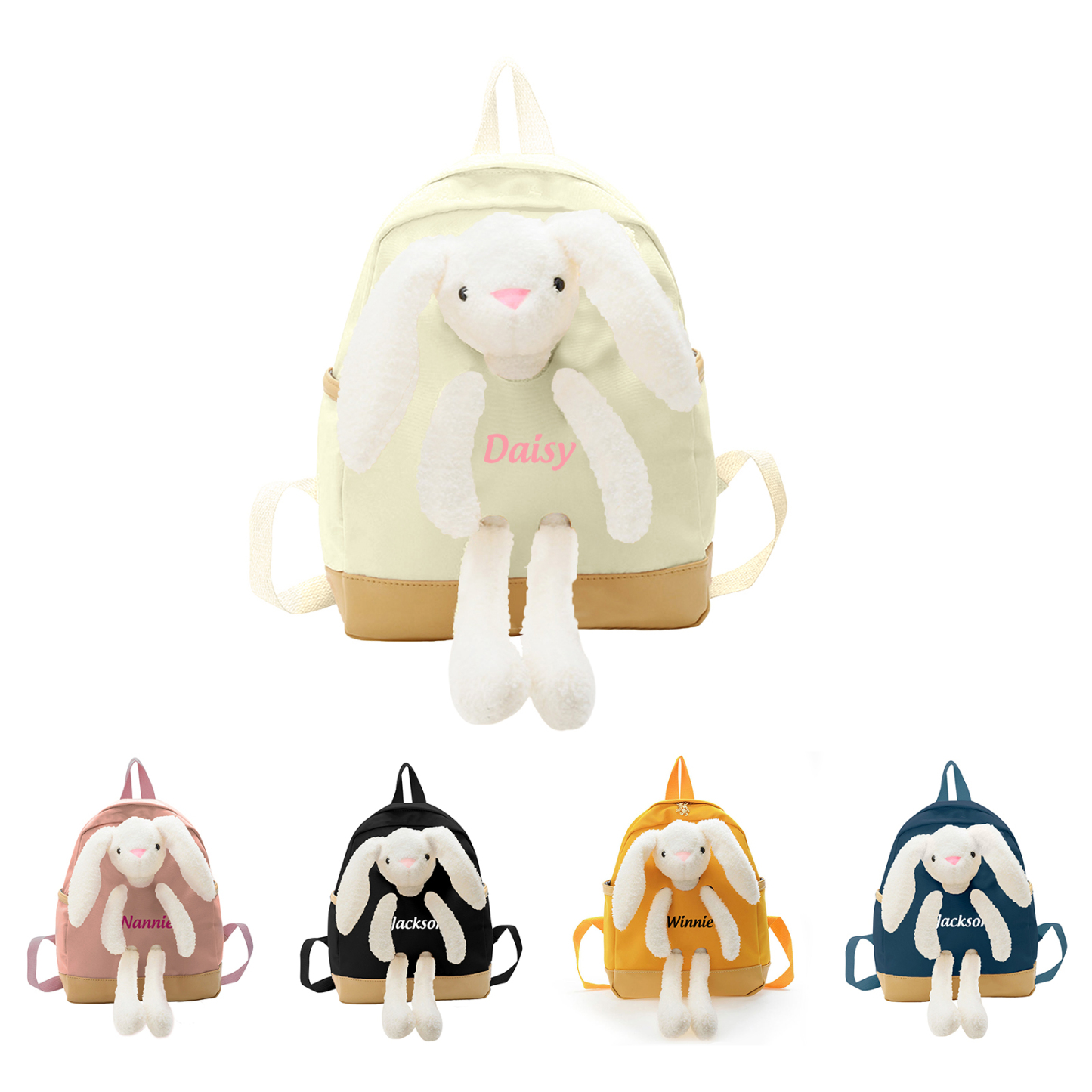 Personalised Children’s Backpack with Plush Bunny – Custom Name Kids’ Rucksack School Bag – Back to School Gift | Jessemade