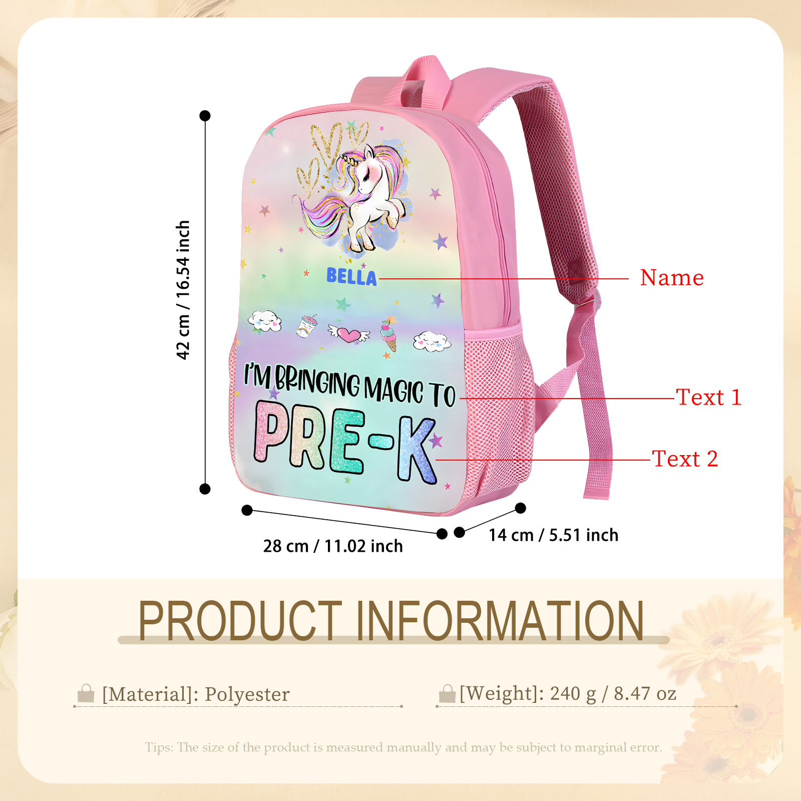 Personalised Unicorn Children’s Backpack – Custom Name & Message, Magical Rainbow School Bag for Girls – Back to School Gift | Jessemade