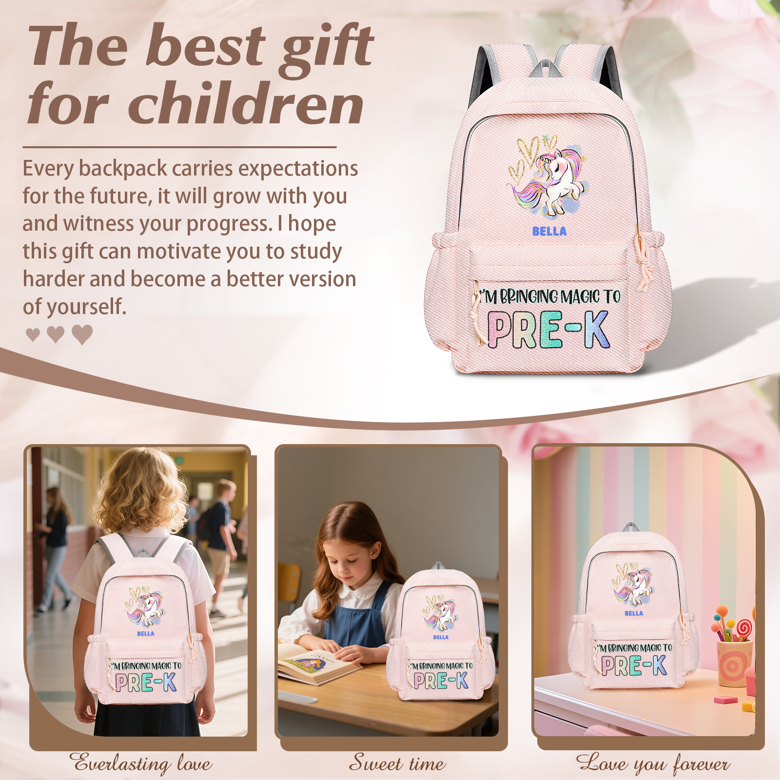 Personalised Unicorn Children's Backpack – Custom Name & Message, Magical School Rucksack for Girls (Multiple Colours) – Back to School Gift | Jessemade