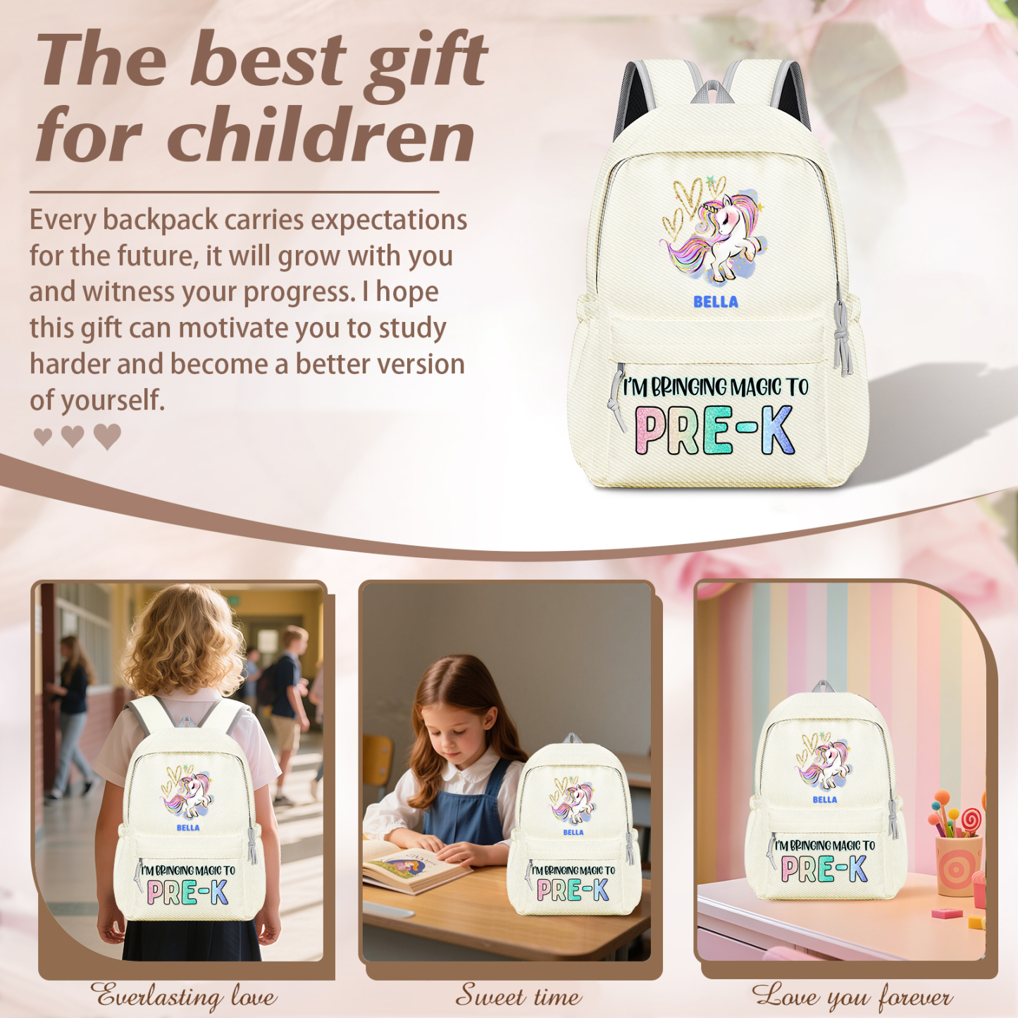 Personalised Unicorn Children's Backpack – Custom Name & Message, Magical School Rucksack for Girls (Multiple Colours) – Back to School Gift | Jessemade
