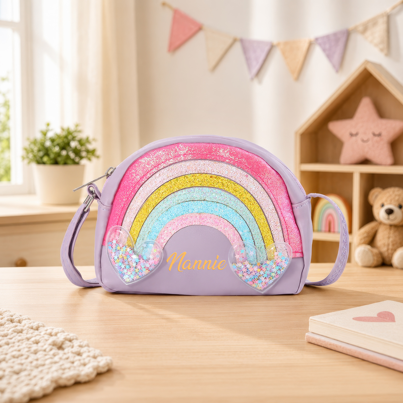 Personalised Rainbow Glitter Kids Crossbody Bag