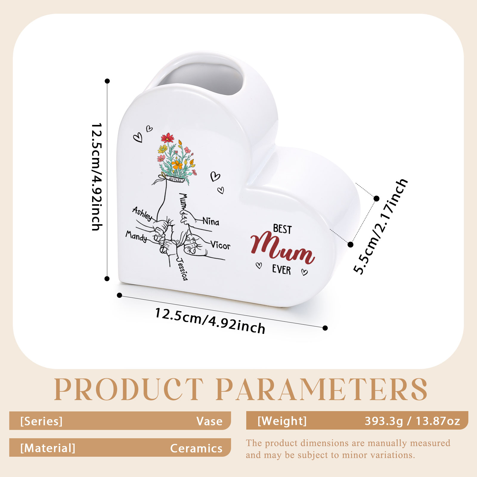 Personalised 2-6 Names Heart Ceramic “Best Mum Ever” Floral Name Vase