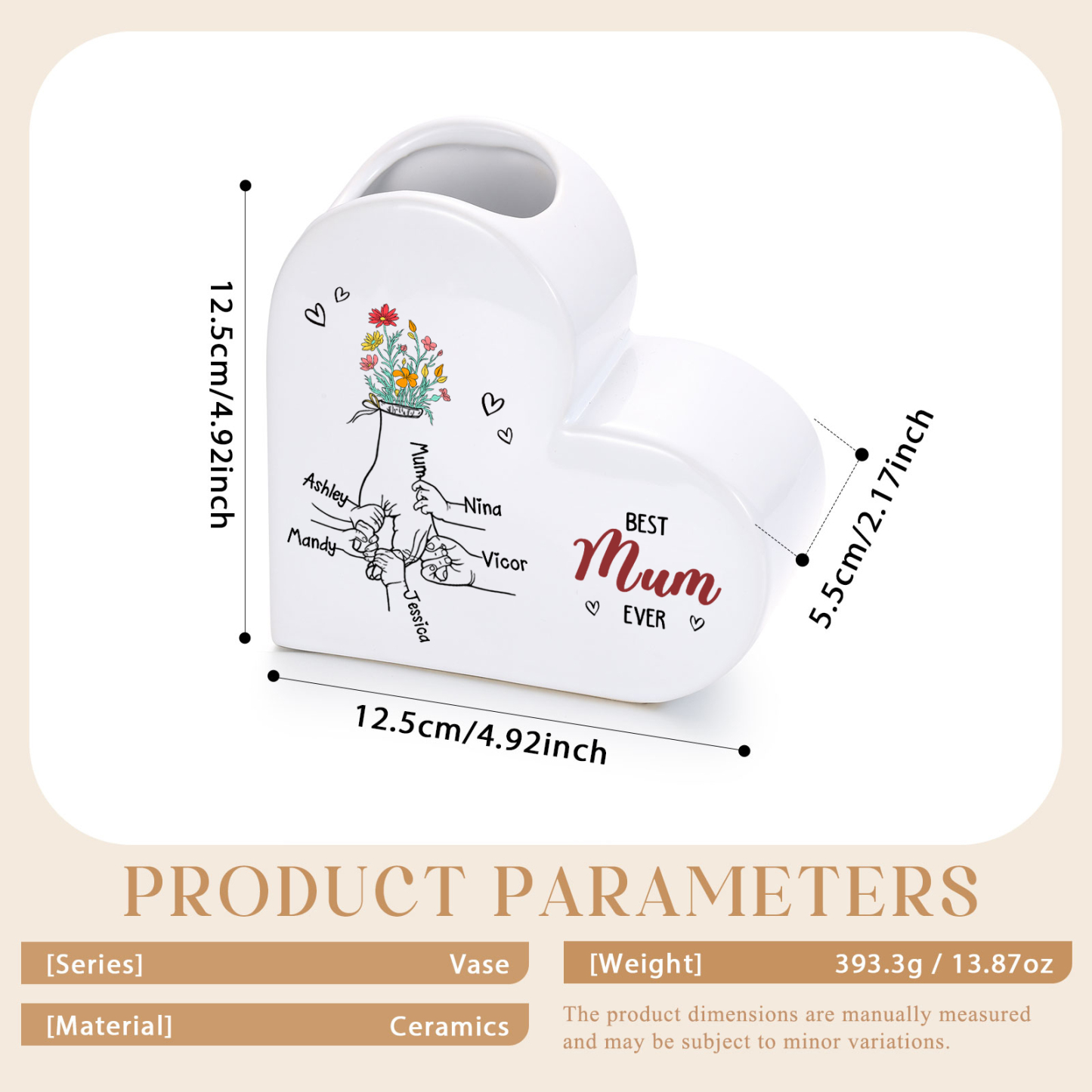 Personalised 2-6 Names Heart Ceramic “Best Mum Ever” Floral Name Vase