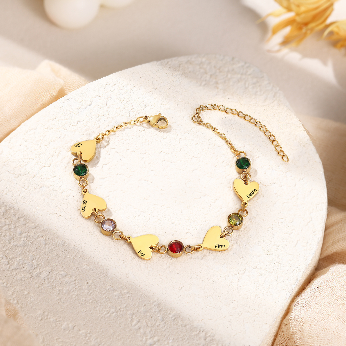 Personalised 1-5 Names Gold Heart Birthstone Chain Bracelet