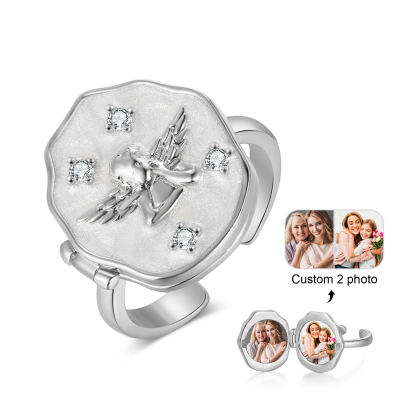 Personalised Angel Relief Photo Locket Ring Rhodium Plated