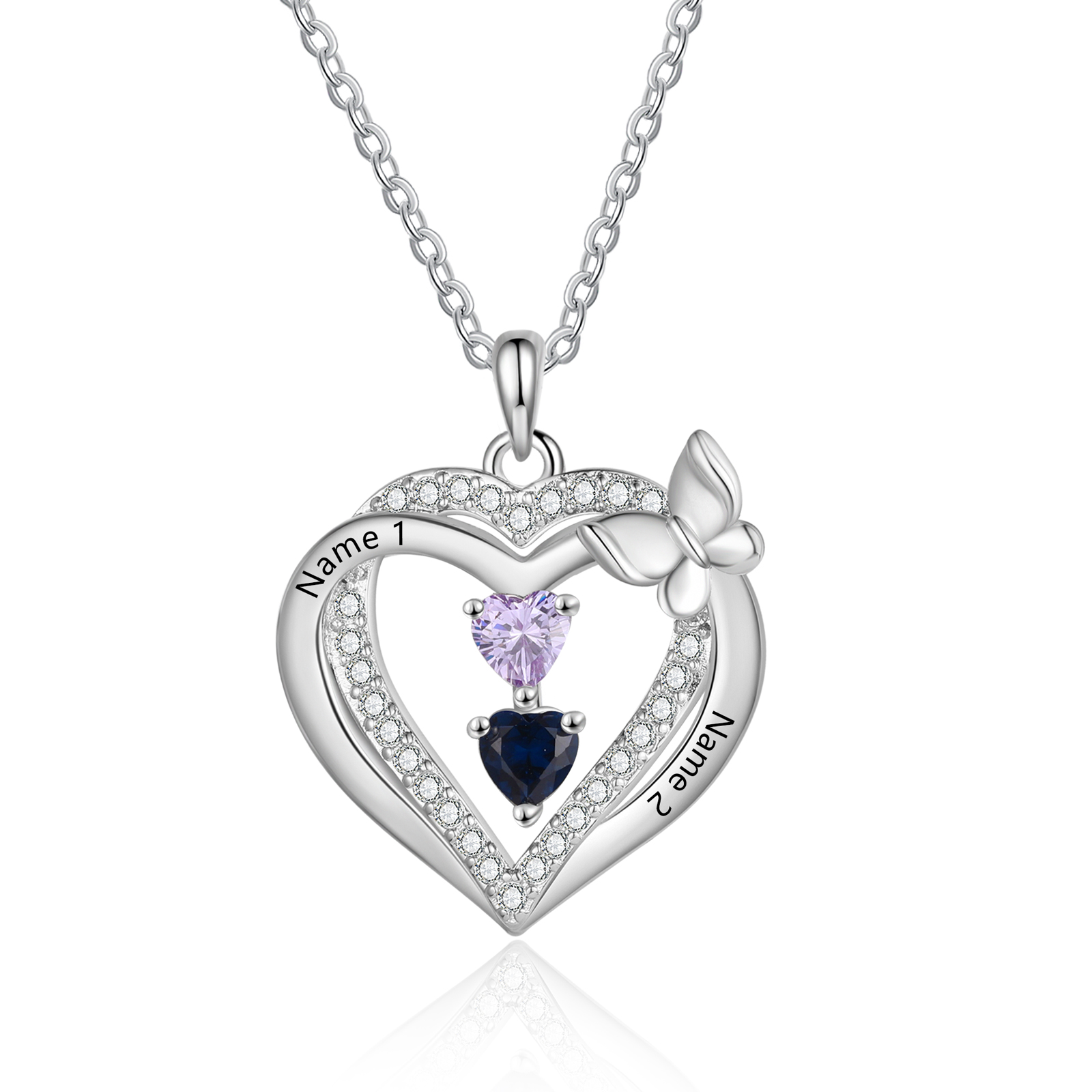 Personalised 1-3 Names Butterfly Heart Birthstone Necklace