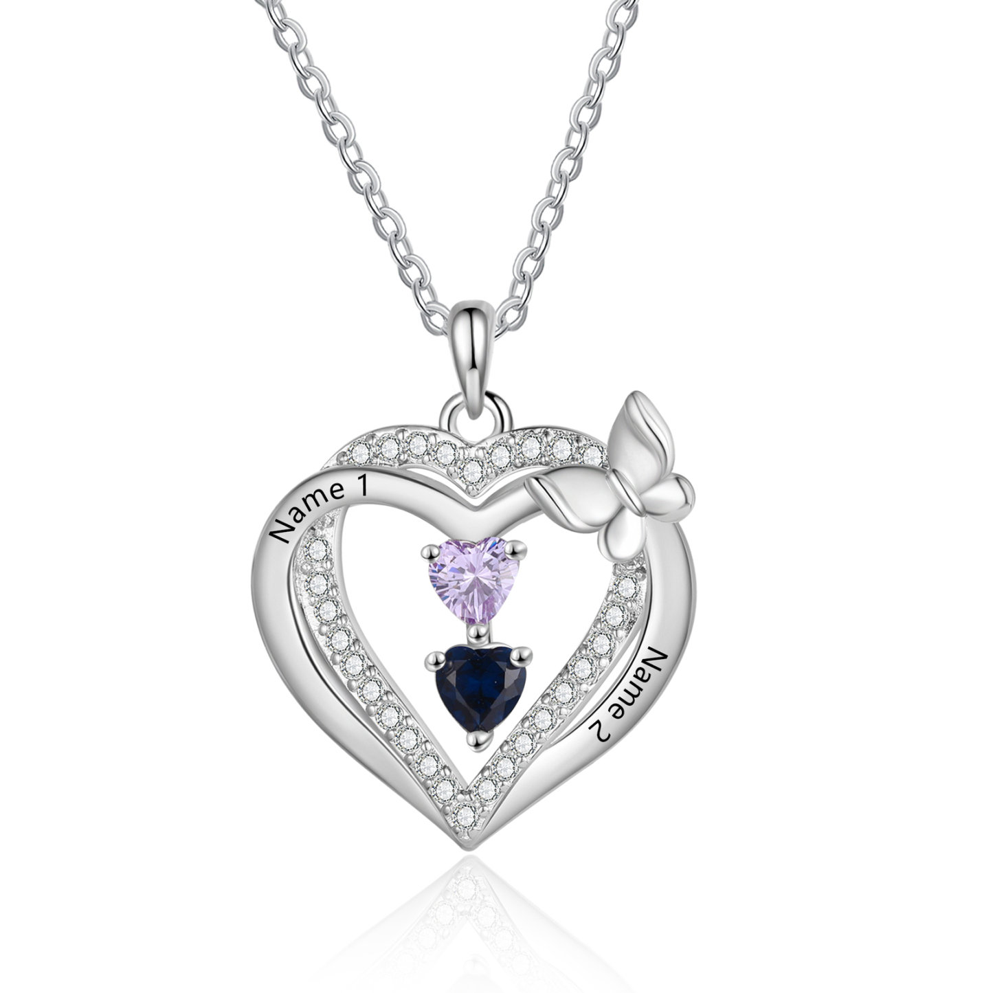 Personalised 1-3 Names Butterfly Heart Birthstone Necklace