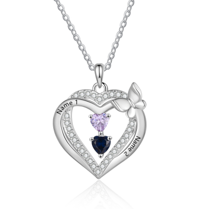 Personalised 1-3 Names Butterfly Heart Birthstone Necklace