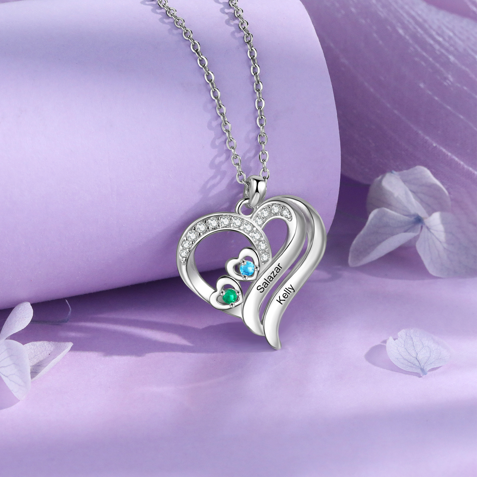 Personalised 2-4 Names Heart Birthstone Women Necklace