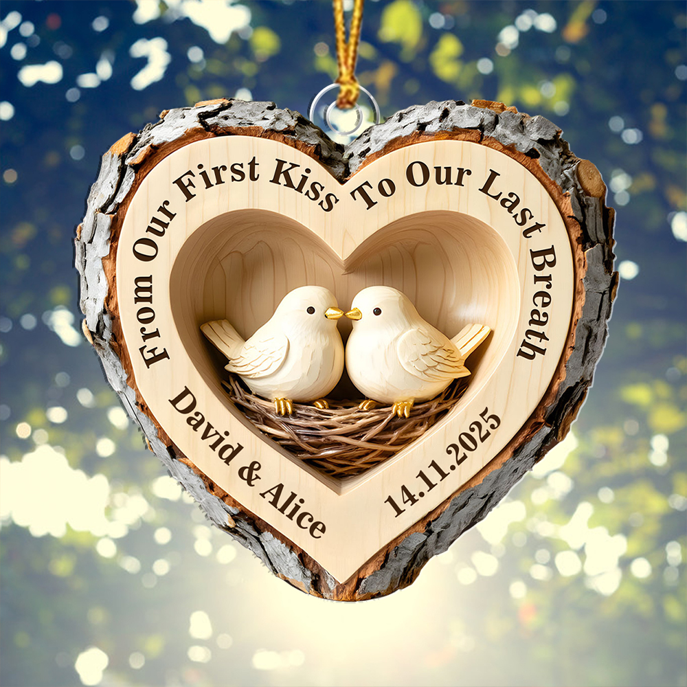 Personalised Couple Carved Wood Heart Lovebirds Ornament