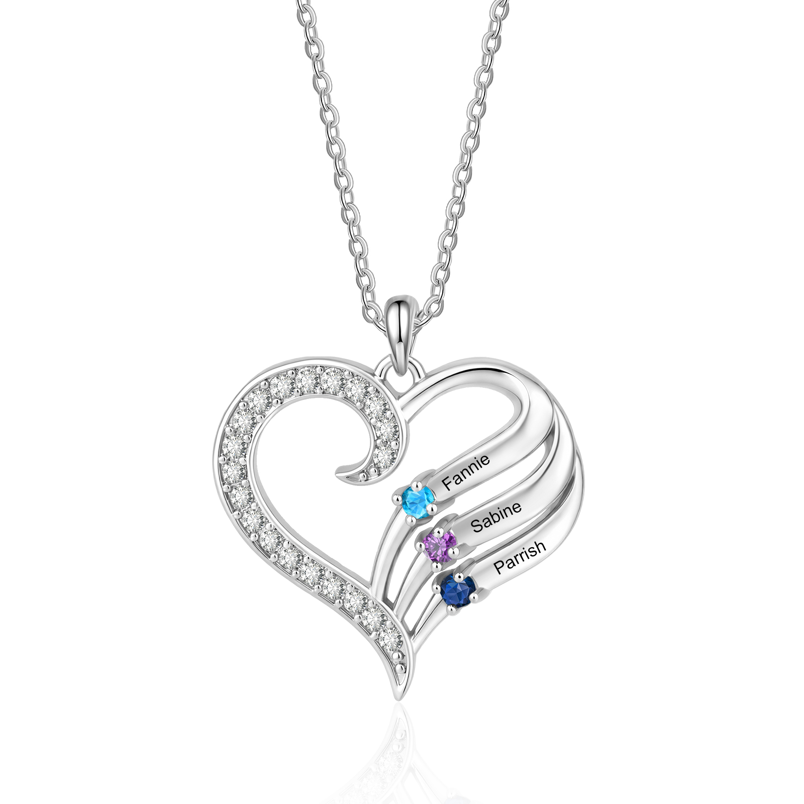 Personalised Heart Necklace with Birthstones, Customised with 2–4 Family Names