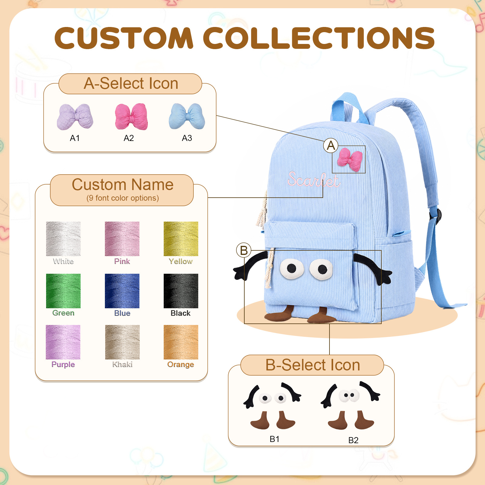 Personalised Corduroy Toddler Backpack with Name Embroidery, Cute Eyes and Bow School Bag