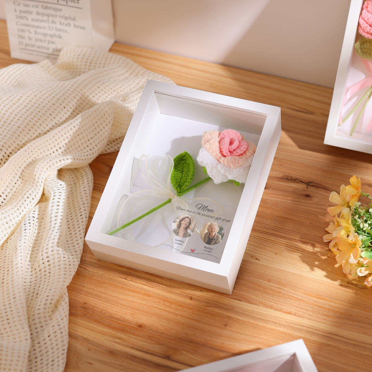 Personalised 3D Peony Crochet Flower Shadow Box Frame